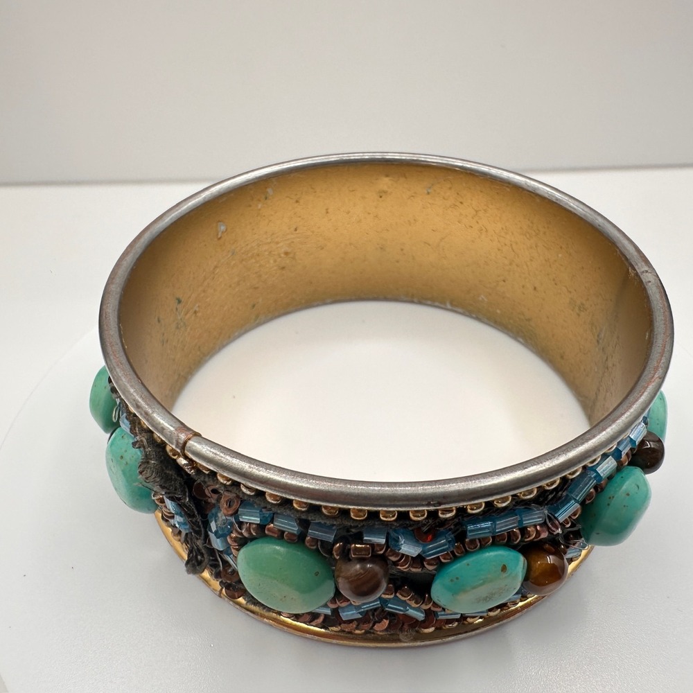 Vintage 90s Mixed Media Bangle Bracelet Turquoise Tiger Eye Glass Beaded Boho - Picture 7 of 12
